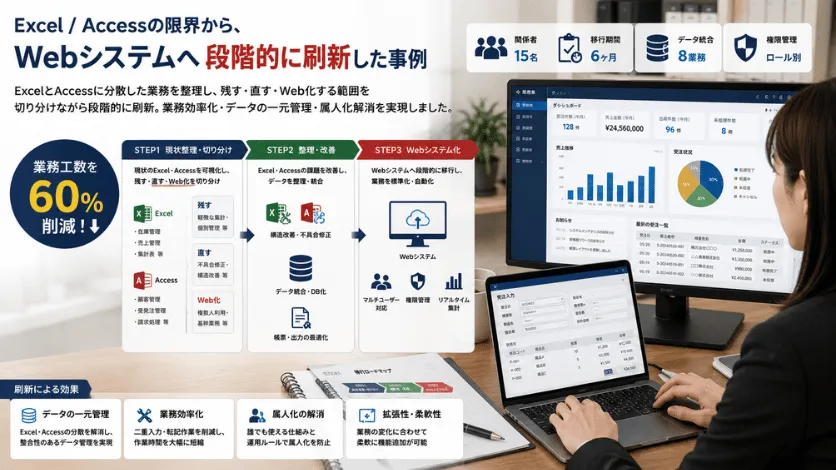 Excel・Accessの限界から、Webシステムへ段階的に刷新した事例のシステム画面イメージ