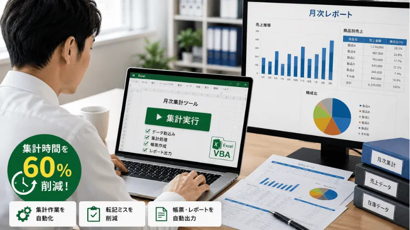 Excelで行っていた集計作業を、VBAで自動化し集計時間を60%削減した事例のシステム画面イメージ