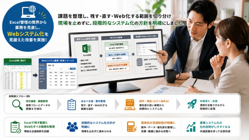 Excel管理の限界から、Webシステム化を見据えた業務改善を行った事例のシステム画面イメージ